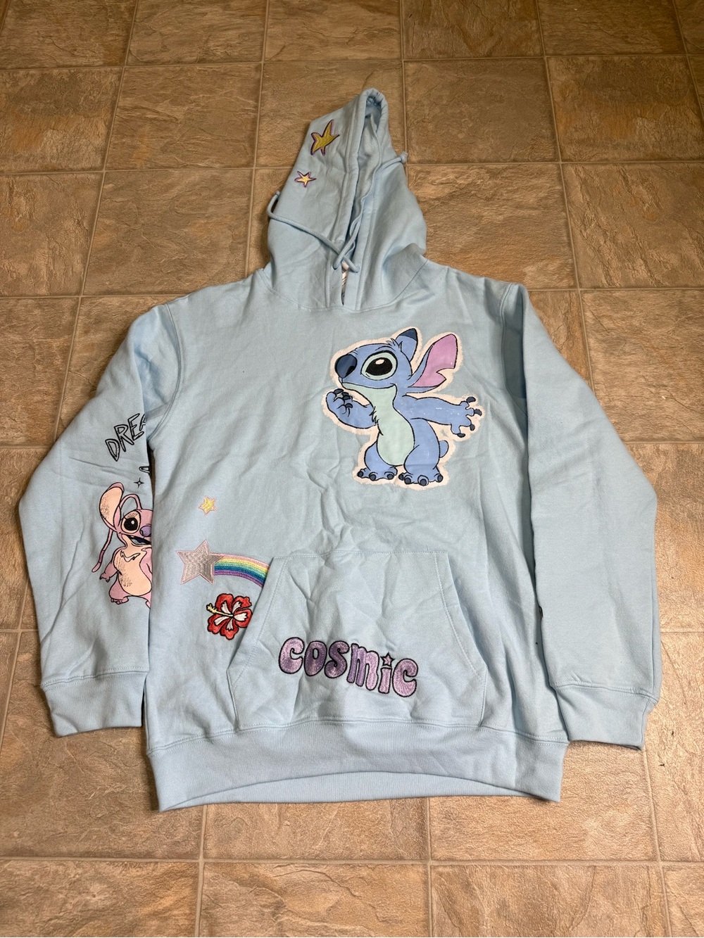 Disney Lilo & Stitch Embroidered Hooded Sweatshirt Juniors Size Medium Blue NWT